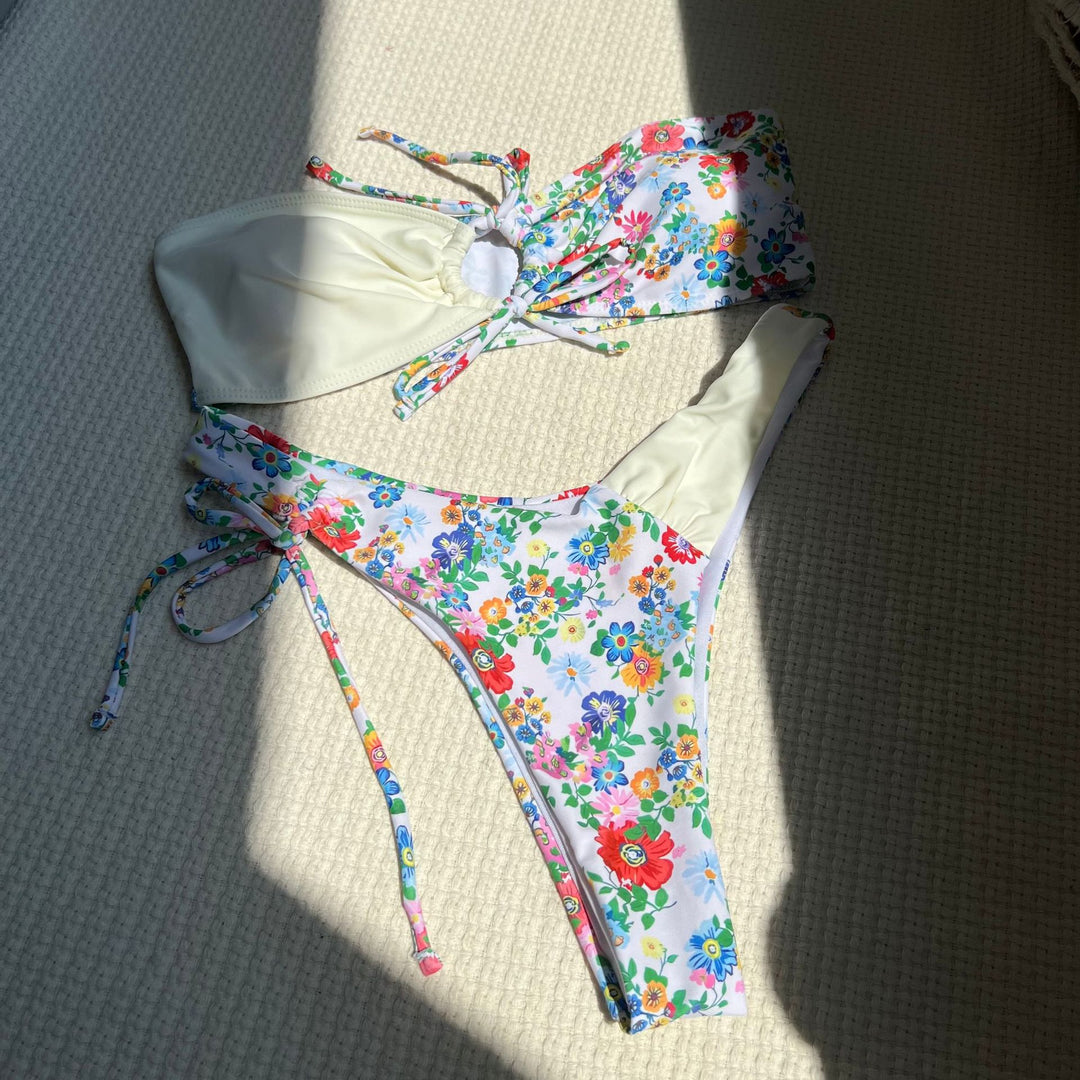 Floral Color Matching Lace Tube Top Simple Sexy Swimsuit Bikini Bikini