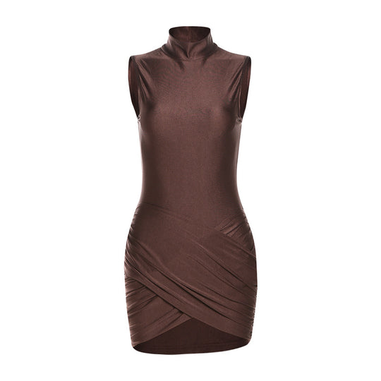 Women Sexy Slim Turtleneck Solid Color Ruffle Hip Dress Women