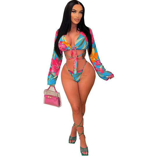 Summer Women Clothing Sexy Print Lace up Bikini Three Piece Set