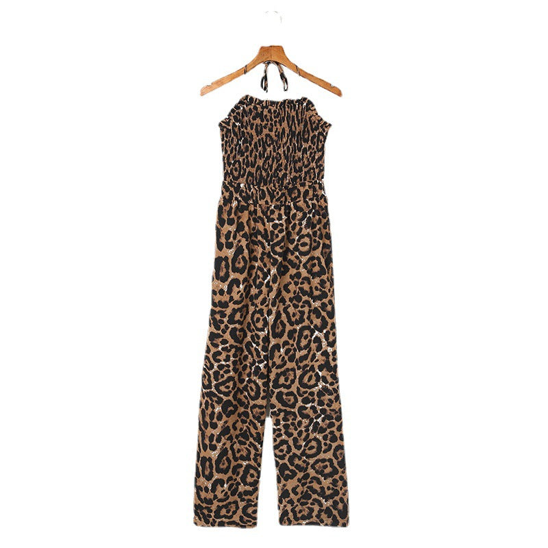 Summer Leopard Print Chest Wrapped Single Strap High Waist Belly Slimming Casual Jumpsuit Women