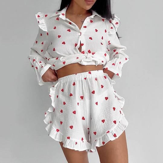 Summer Purified Cotton Pajamas Women Wooden Ear Sweet Printed Long Sleeve Slit Shorts Soft Two Piece Home Wear