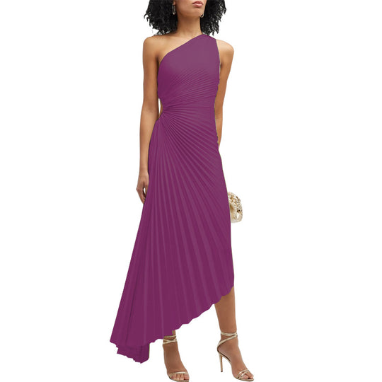 Women Clothing One Shoulder Pleated Color Light Color Series Irregular Asymmetric Dress