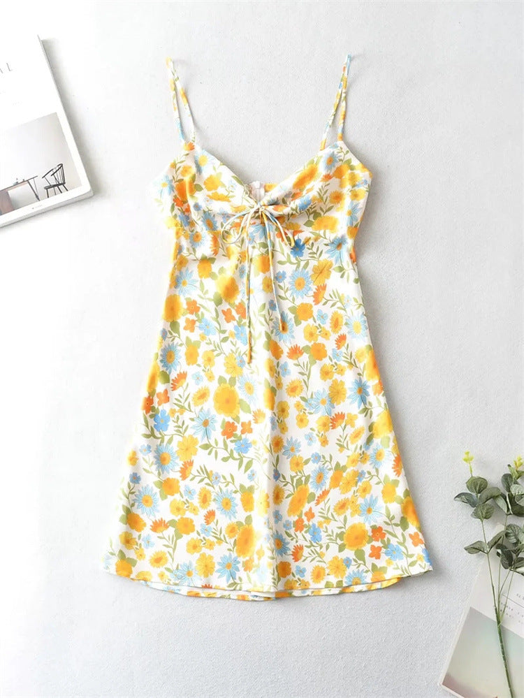 Vacation Printed Lace-up Backless Short Spring Summer Cami Dress Minority Satin Dress for Women sundress