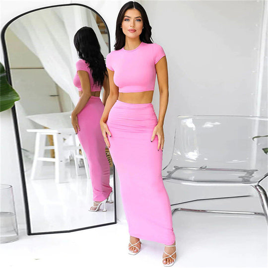 Spring Summer Women Clothing Cropped T shirt High Waist Sheath Skirt Casual Suit