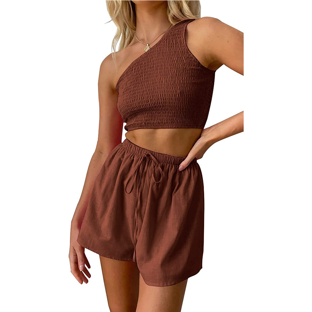 Women One Shoulder Pleated Cropped Top Shorts Beach Two Piece Suit