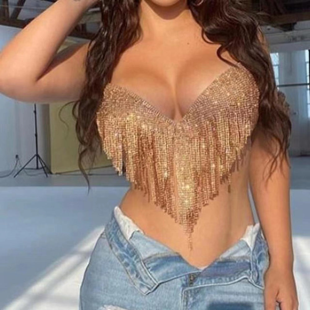Women Clothing Sexy Full Rhinestone Tassel Exposed Cropped V Plunge Vest Camisole Cropped Outfit Top
