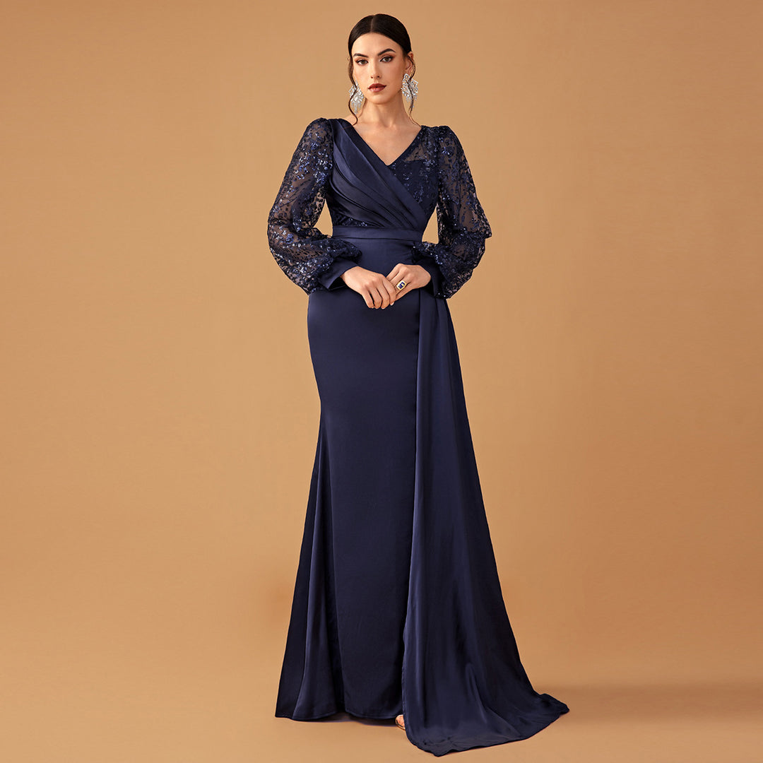 Women Cocktail Party Evening Dress Sequined Satin V neck Long Sleeve Elegant Evening Gown