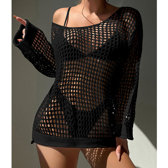Summer Vacation Sexy Cutout Big round Neck Loose Pullover Bikini Sunscreen Knitted Beach Cover up