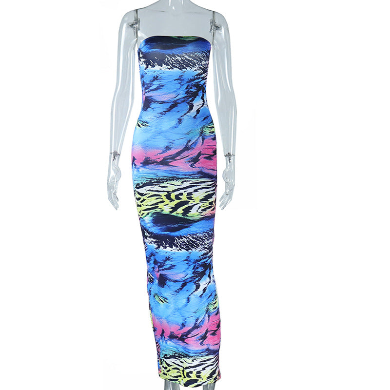 Off Neck Dress Printed Sleeveless Pullover Dress Backless Street Sexy Slit Sheath