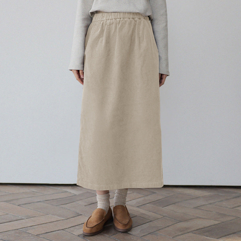 Autumn Winter Skirt Japanese Retro Artistic Corduroy Mid Length Elastic Waist Back Slit A line Skirt Women