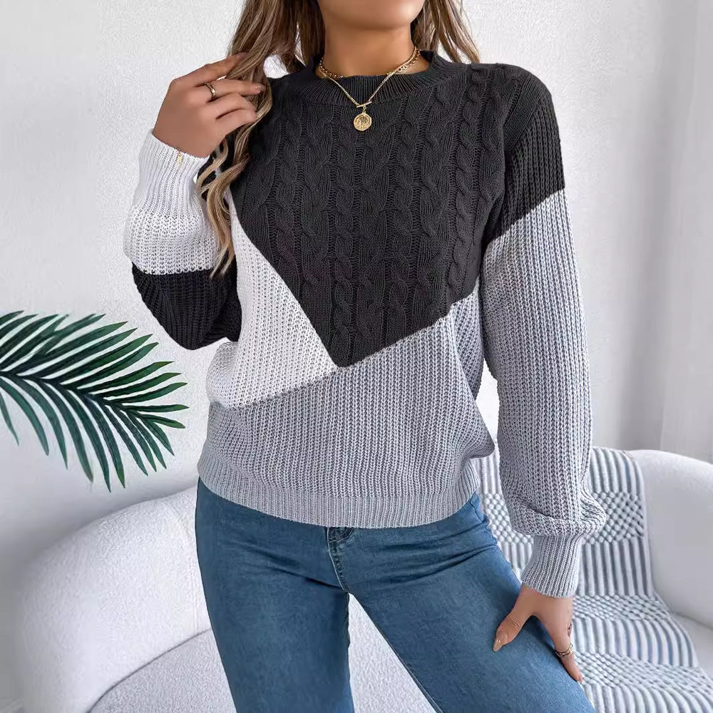 Autumn Winter Casual Plain Stitch Contrast Color Twist Knitted Long Sleeve Pullover Women Clothing