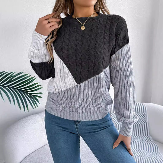 Autumn Winter Casual Plain Stitch Contrast Color Twist Knitted Long Sleeve Pullover Women Clothing