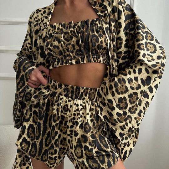 Summer Arrival Polyester Leopard Print Sexy Long Sleeve Tube Top Shorts Three Piece Set Loose Casual Homewear