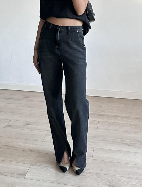 Women Long Leg Visual Front Slit High Waist Jeans Mop Trousers Slimming Drooping Straight Pants
