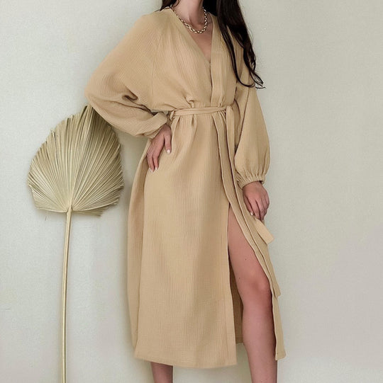 French Comfort Casual Double Layer Crepe Pajamas Cotton Puff Sleeve Stomach Blanket Skirt Women Confinement Clothing Can Be Outerwear Homewear