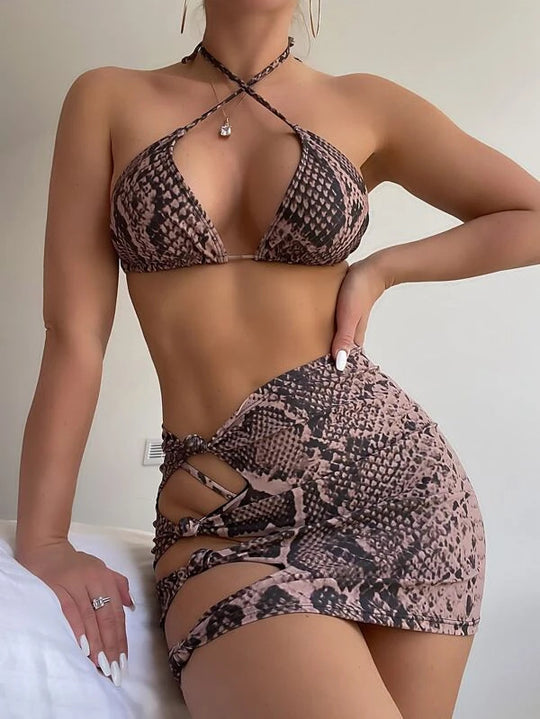 Sexy Snakeskin Criss Cross Tether Winding Three Piece Bikini Swimsuit