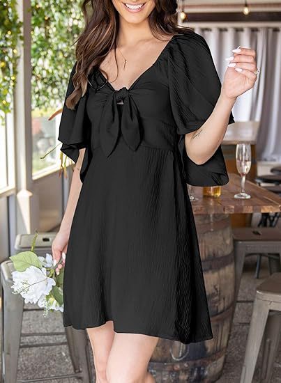 Women Clothing Shein V Neck Bow Lace Up Short Sleeve Mini Dress