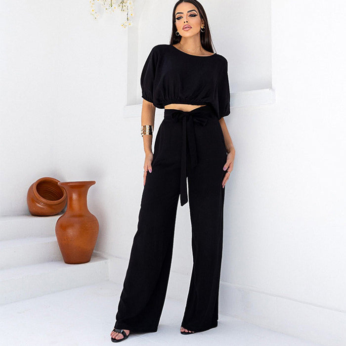 Summer Casual Set round Neck Short Sleeve Top Drawstring High Waist Trousers Two Piece Set for Women