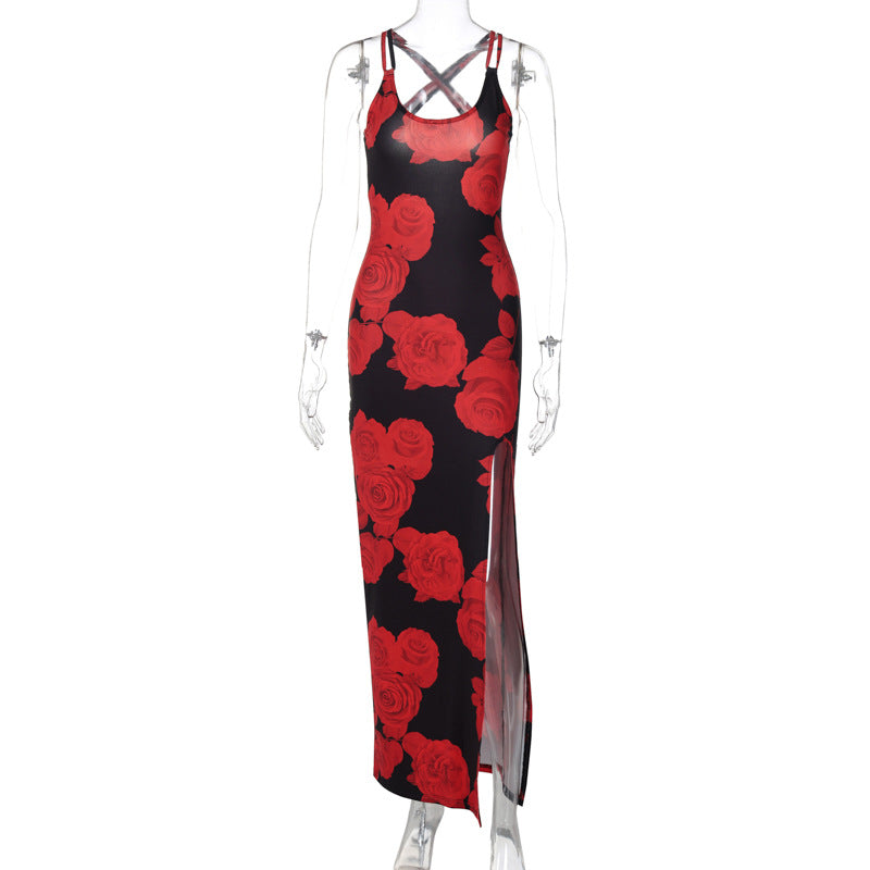 Summer Women Clothing Sexy Slit Strap Dress Printing Dress