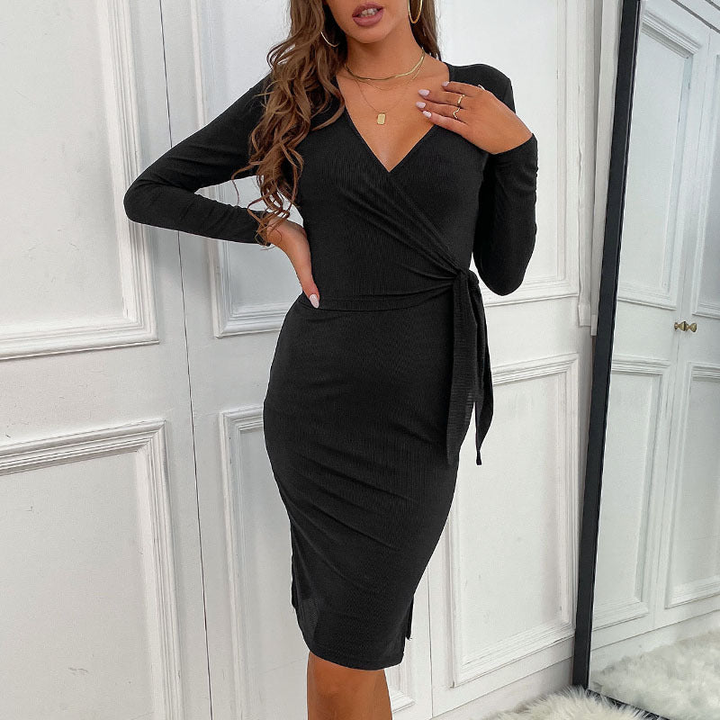 Women Slim Bottoming Dress Long Sleeve Black V Neck Inner Dress