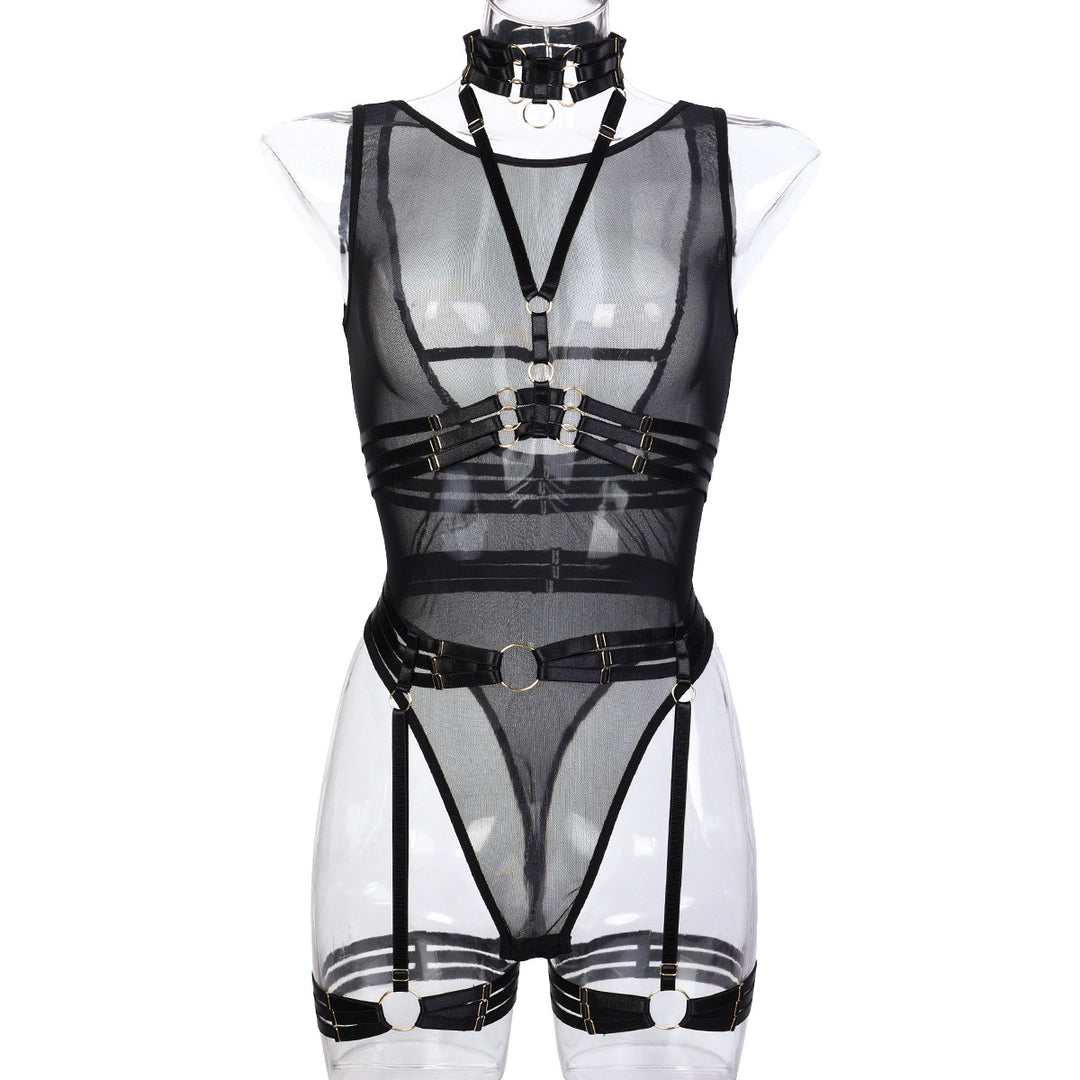 Sexy Jumpsuit Mesh Strap Stitching Complex Heavy Craft Neck Sling Leg Ring