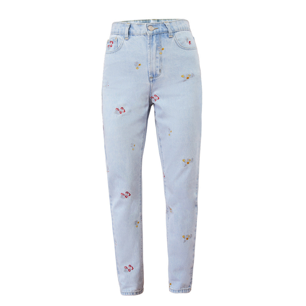 Autumn Winter Women Pants Embroidery Denim Loose Trousers Straight Pants