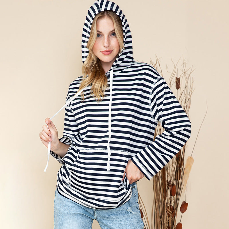 Striped Hooded Sweater Women Autumn Casual Loose Long Sleeve Top Women