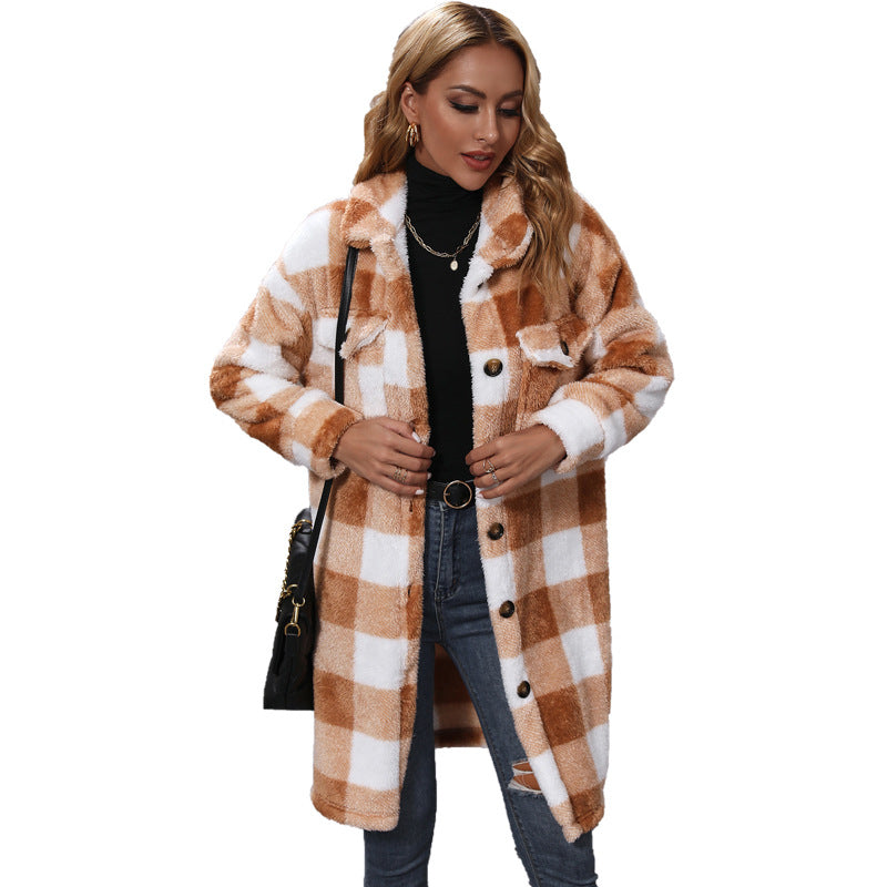 Fall Women Collared Long Sleeve Loose Plaid Single Breasted Long Plush Casual Coat