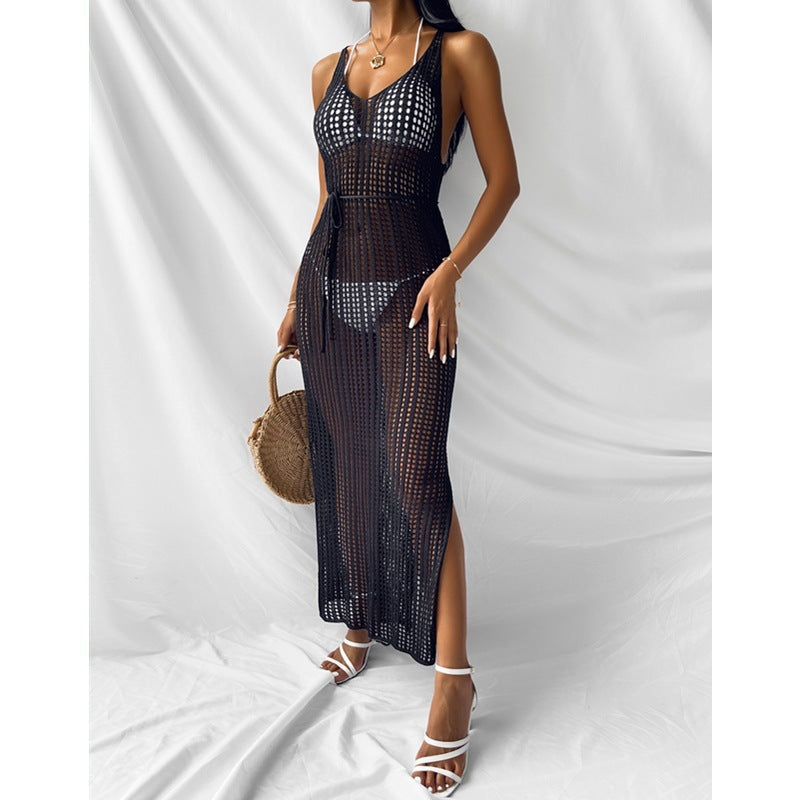 Vacation Beach Blouse Hollow Out Cutout Backless Knitted Dress Women