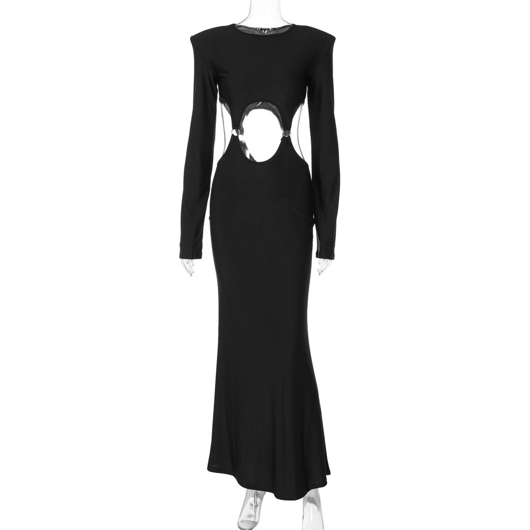 Summer Women Long Sleeve Solid Color round Neck Dress Sexy Cutout Slim Fit Dress