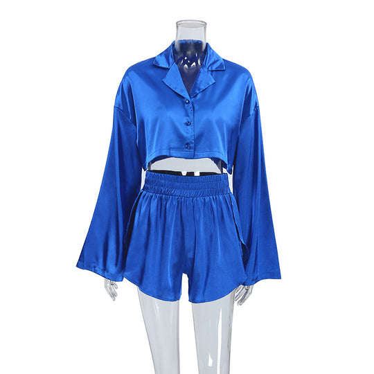 Summer Thin Type Satin Cool Feeling Cropped Long Sleeves Shorts Two Piece Set Sexy Ladies Homewear