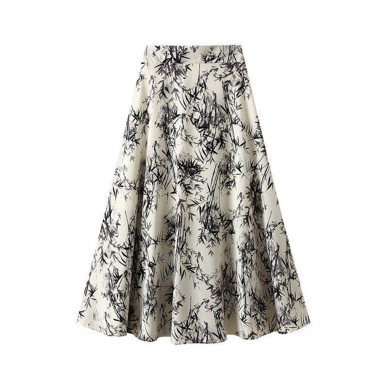An Ink Painting of Bamboo Printed Mid Length Skirt for Women Summer Petite Skirt Long Skirt Floral Skirt Thin