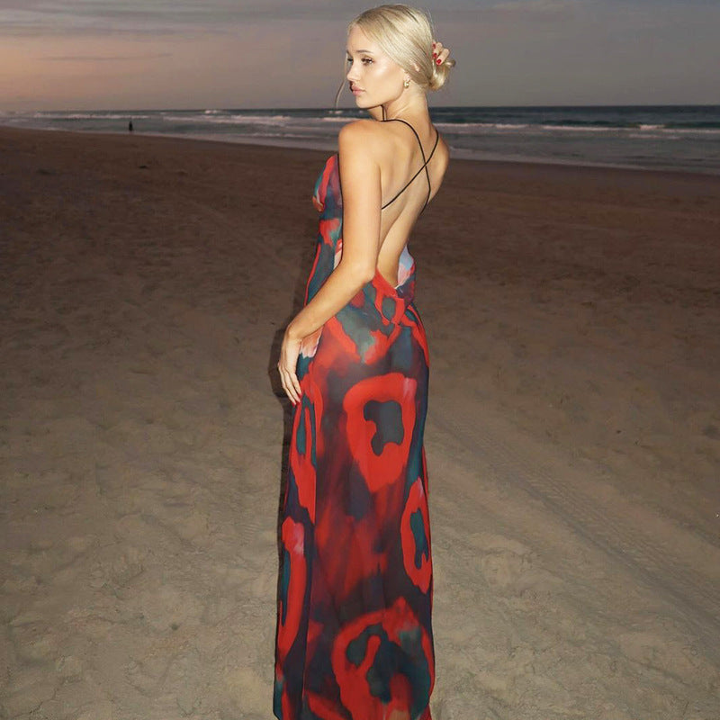 Women Clothing Summer Printed V Neck Maxi Dress Sexy Backless Dress