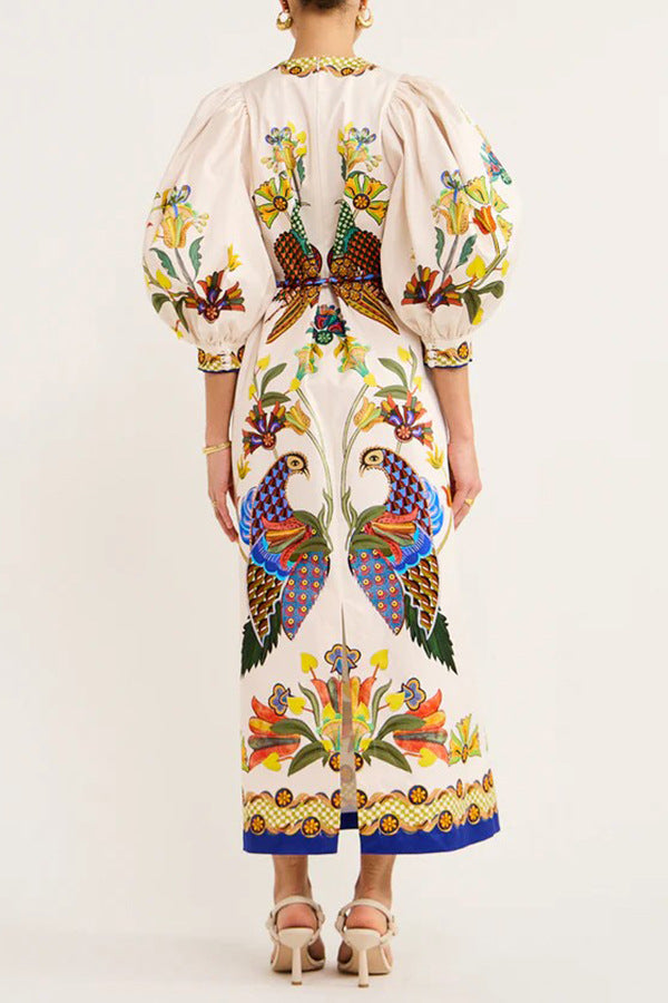 Autumn Printed Peacock Round Neck Dress Amplified craft