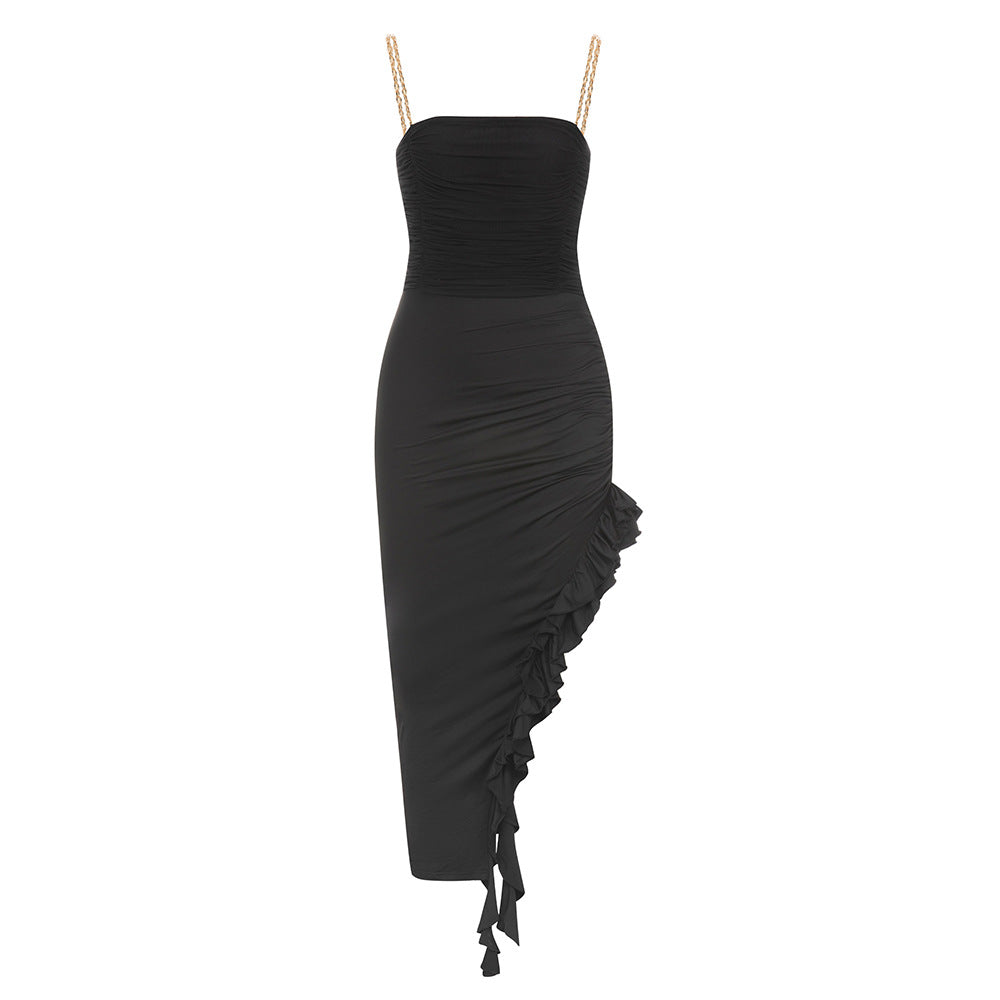 Dress Popular Chain Shoulder Strap Sexy Mesh Stitching Avant Garde Ruffled Pleated Black Dress