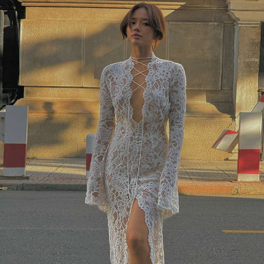 Autumn Winter Women Clothing Sexy Lace Cutout Deep V Plunge neck Lace up Slit Slim Fitting Long Sleeve Dress