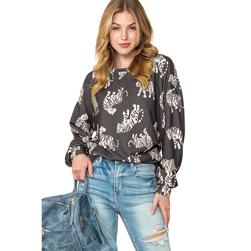 Autumn Loose Pullover Women Personalized Animal Floral Print Long Sleeve Pullover Women