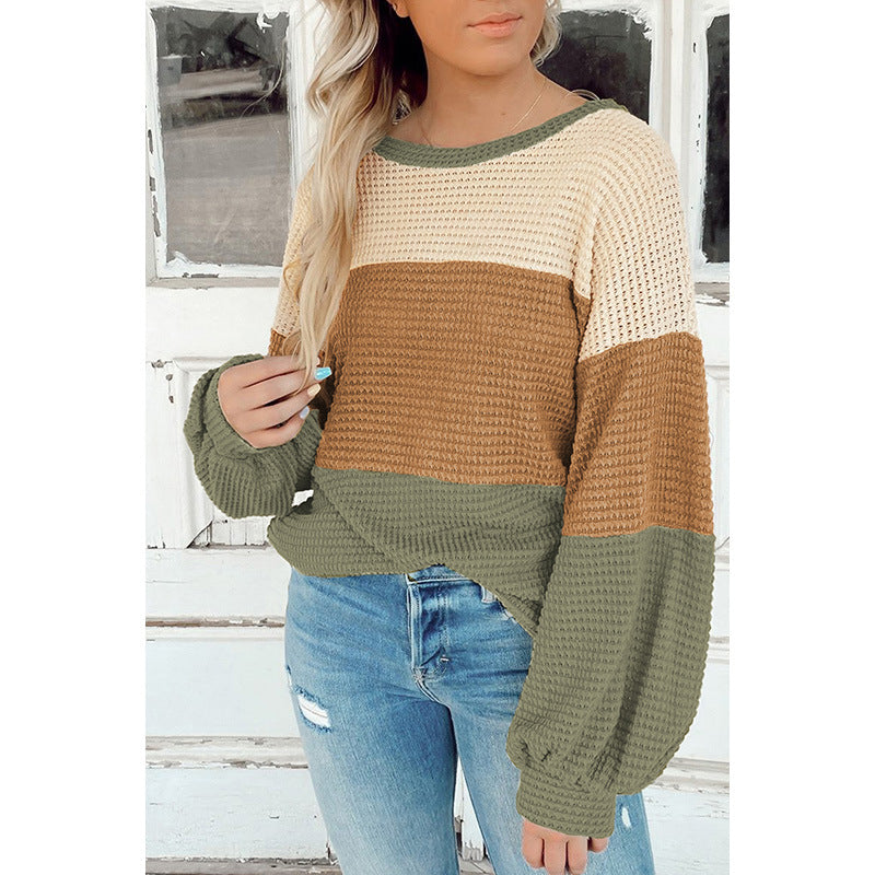 Casual Loose Warm Pullover Sweater Women Autumn Winter Color Contrast Patchwork Drop Shoulder Long Sleeve T Shirt