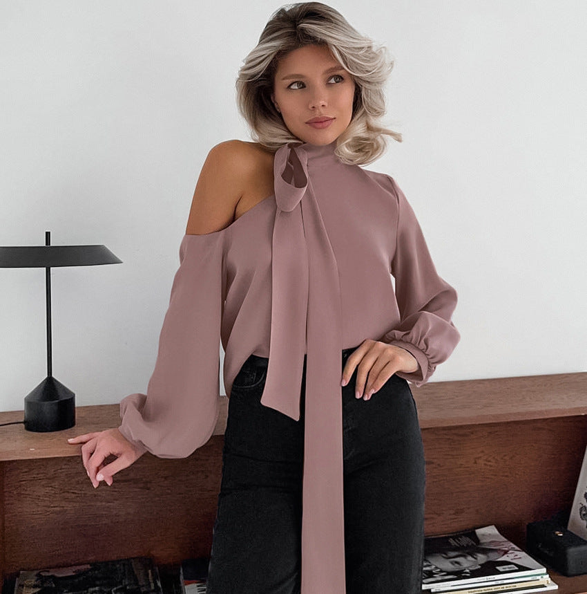 Satin Irregular Asymmetric Collar Sexy Strapless Long Sleeve Shirt Autumn Design Top