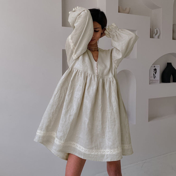 Women Clothing Summer Cotton Linen French Dress Office V neck Lantern Sleeve Loose Dress