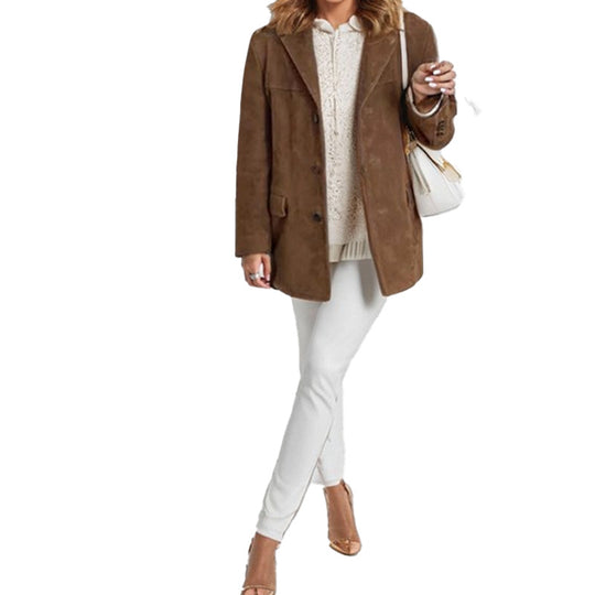 Autumn Women Clothing Elegance Retro Brown Loose Pockets Long Sleeve Blazer Women