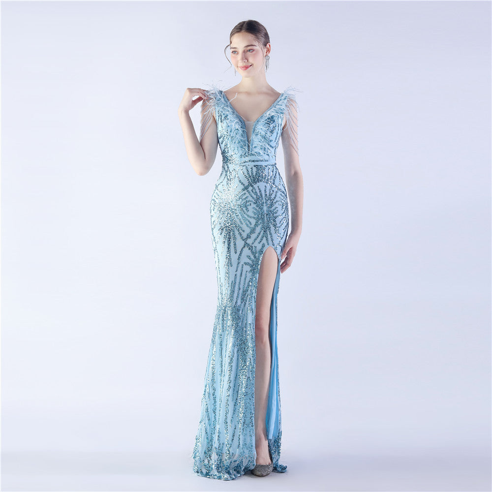 Heavy Industry Ostrich Feather plus Beaded Long Sequined Evening Dress