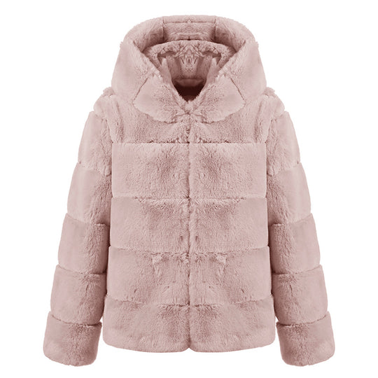 Short Solid Color Loose Horizontal Hooded Coat Faux Fur Autumn Winter Warm Coat