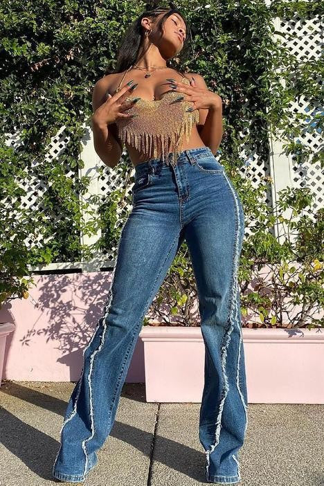 Spring Summer Washed Frayed Street Trendy High Waist Straight Jeans