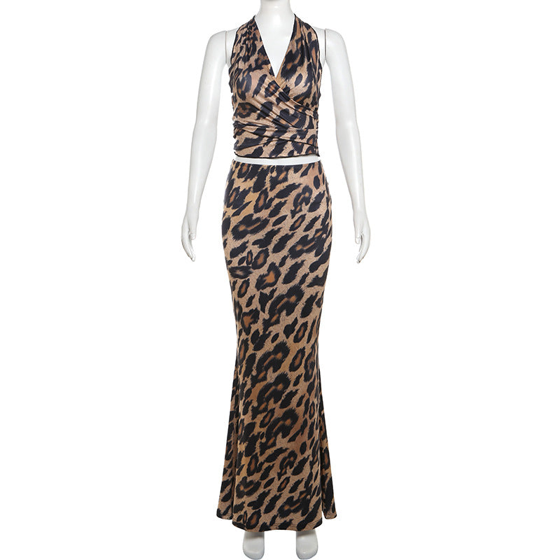 Spring Women Clothes Leopard Print Halter Strap Wooden Ear Vest Long Skirt Two Piece Set