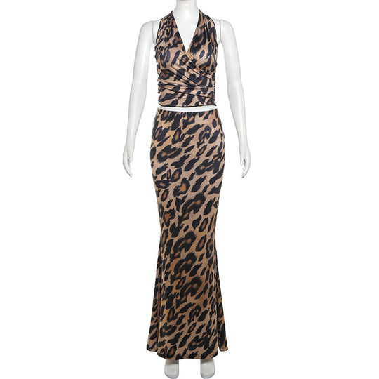 Spring Women Clothes Leopard Print Halter Strap Wooden Ear Vest Long Skirt Two Piece Set