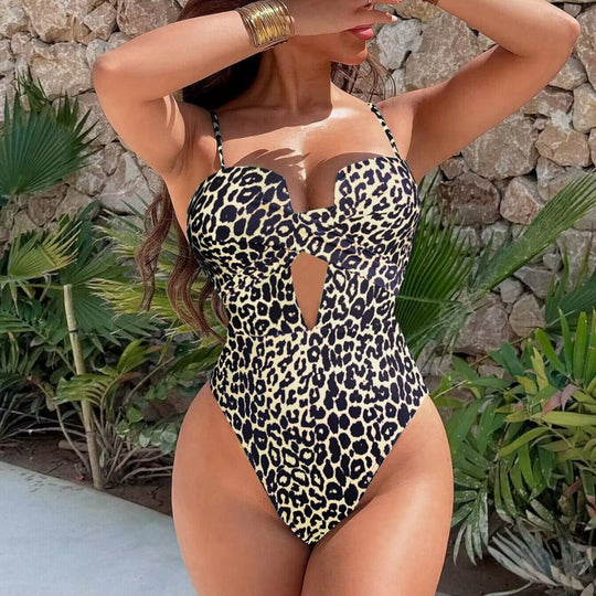 Bikini Bikini Leopard Print Hollow Out Cutout Shoulder Strap One Piece Swimsuit