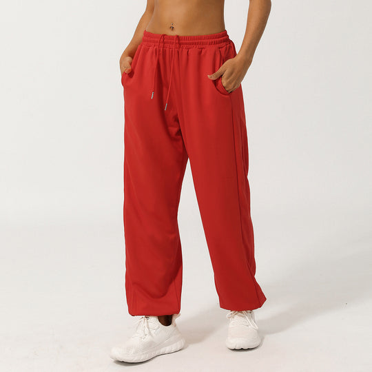 High Waist Ankle Tied Track Sweatpants Loose Straight Casual Pants Outdoor All Matching Pocket Jogger Pants Women Summer