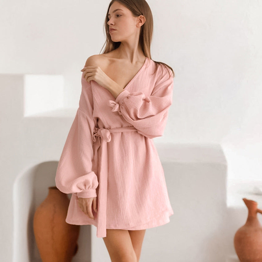 Summer Long Sleeve Nightgown Loose Fitting Loungewear Pajamas Double Layer Gauze Homewear