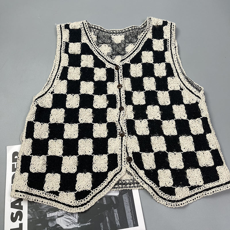 Early Autumn V neck Linen Surface Knitted Vest Million Can Chessboard Plaid Coat with Plaid ide Small Coat
